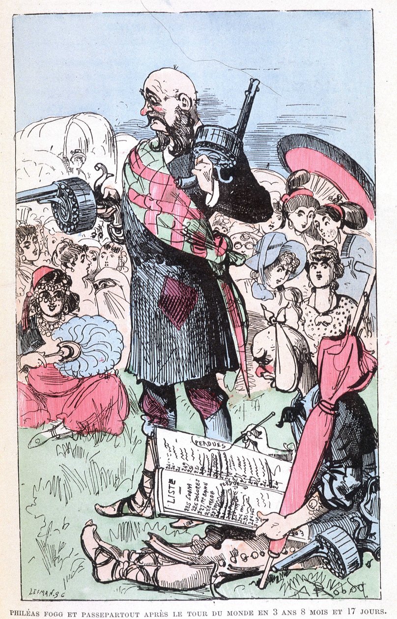 Phileas Fogg and Passepartout after the tour of the world in 3 years 8 months and 17 days, parody of Jules Verne, 