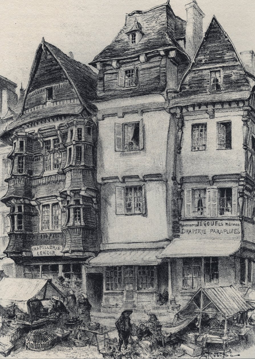 Place du Marche in Lannion - La Vieille France - La Bretagne - Text, Drawings and Lithographs, by Albert Robida (undated end 19th century) by Albert Robida