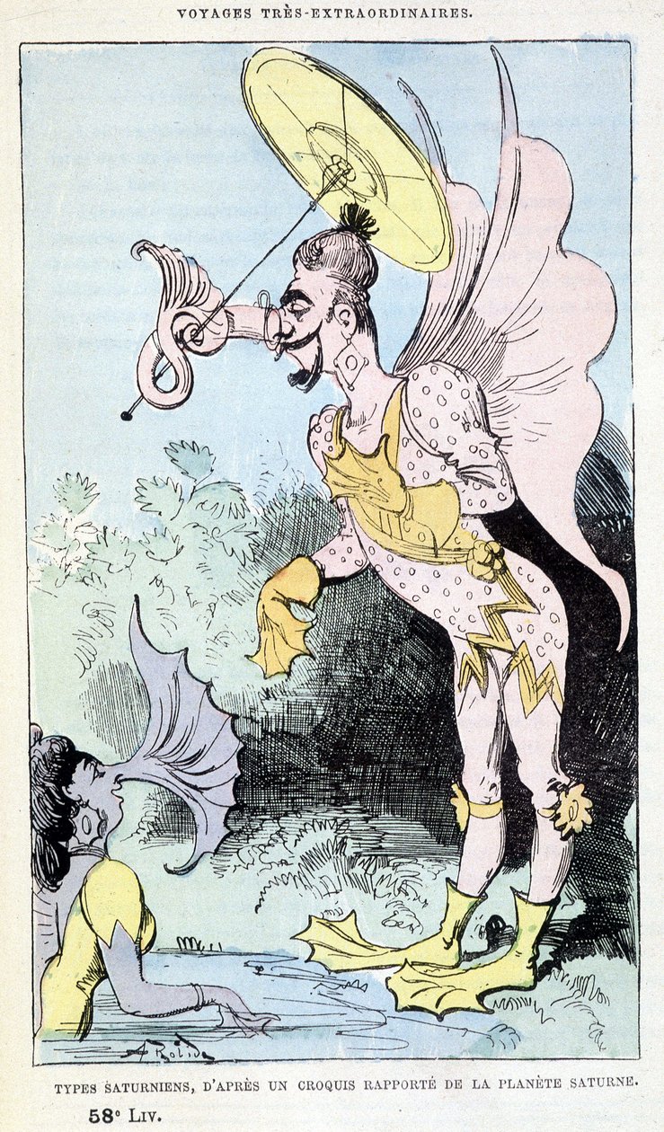 Saturnian types from a reported sketch of the planet Saturn (pseudo-anthropological grotesque monsters), parody of Jules Verne, 