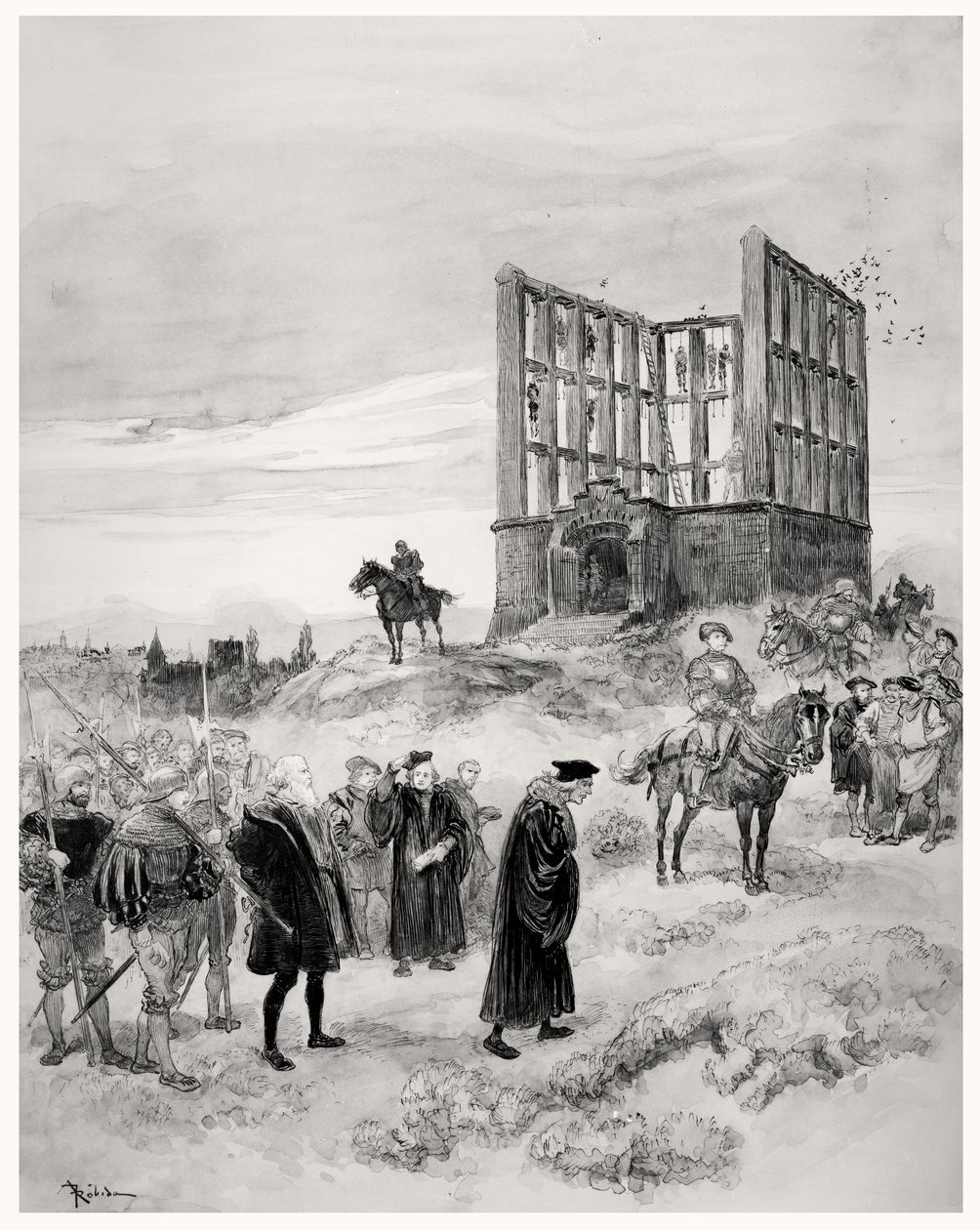 The Superintendant Jacques de Semblancay sentenced to death, going up to the Montfaucon Gibbet, 1909 by Albert Robida