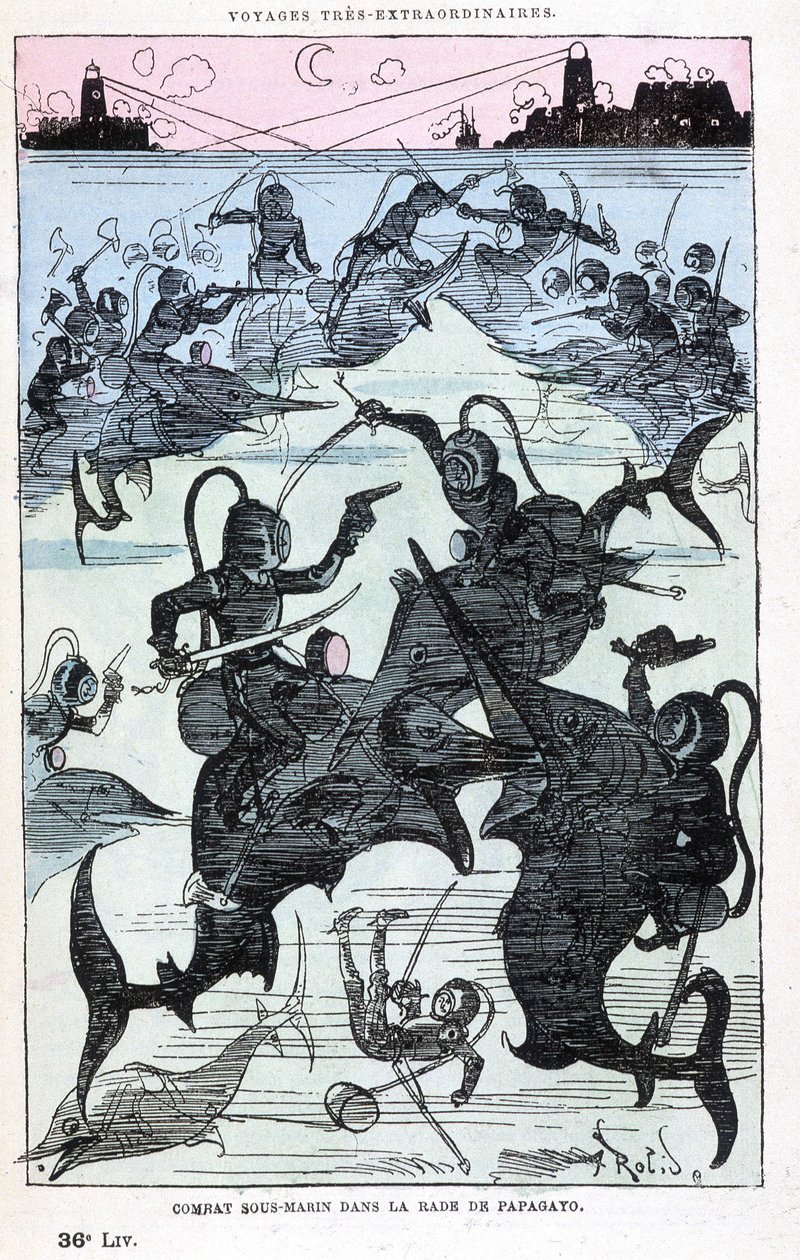 Underwater combat in the bay of Papagayo (scaphandlers riding fish), parody of Jules Verne, 