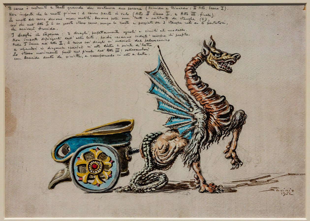 Act II, first scene and third act, stage equipment: The Chariot of Armida for Armida by G. Rossini by Alberto  Savinio