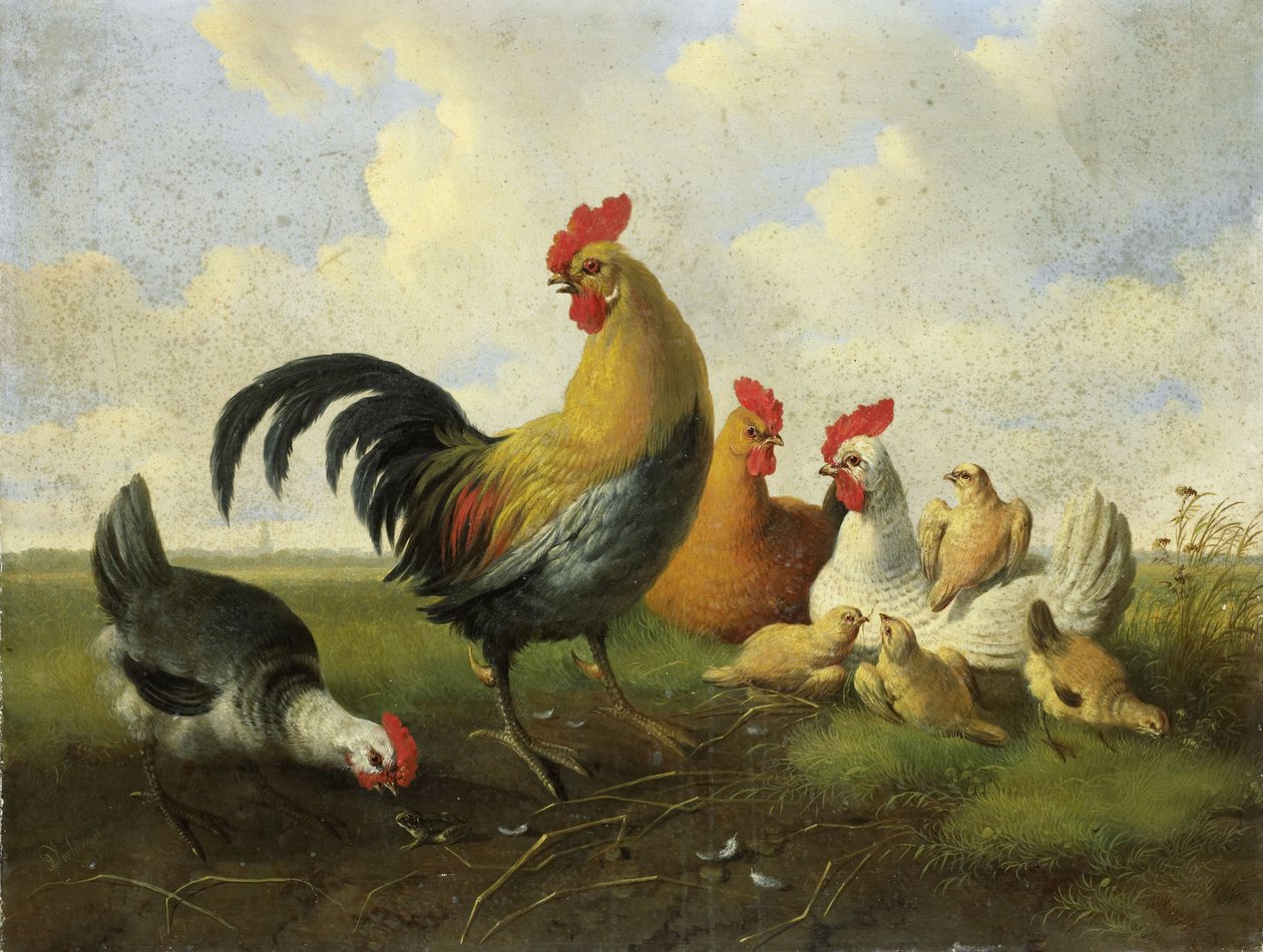 A Rooster with Hens and Chicks by Albertus Verhoesen