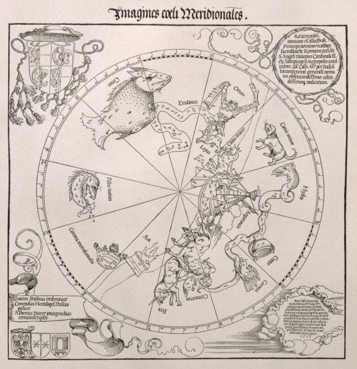 Map of the Southern Sky, with representations of constellations, decorated with the crest of Cardinal Lang von Wellenburg, and a dedication to him with his coats of arms and the Imperial copyright by Albrecht Dürer