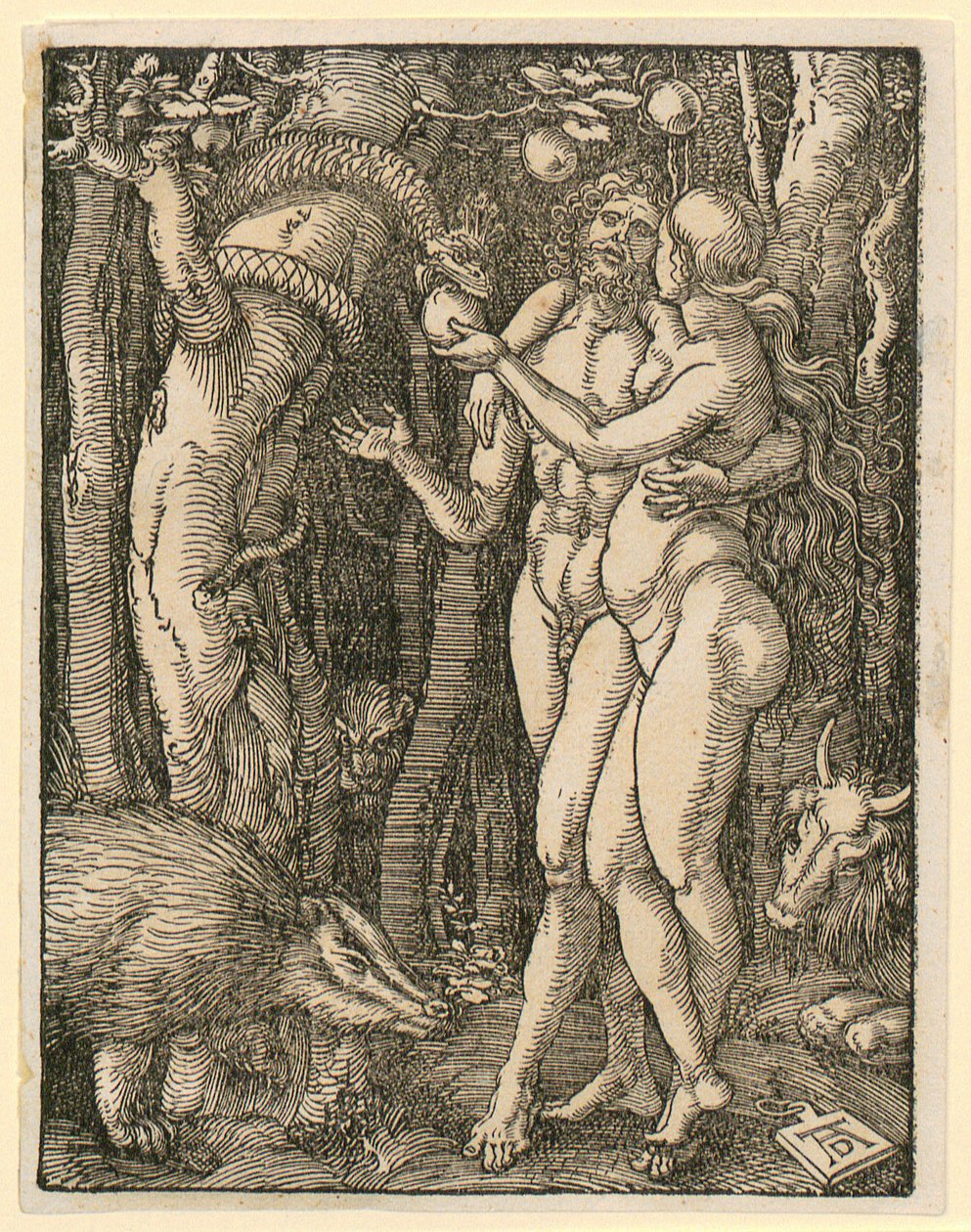Adam and Eve, Plate 2 from the series "Small Woodcut Passion" by Albrecht Dürer