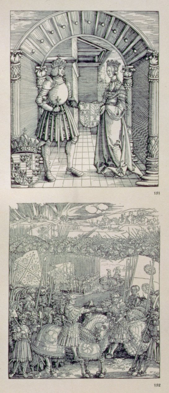 The Triumphal Arch of Emperor Maximilian I of Germany: detail showing two panels placed above the left-hand portal depicting Maximilian I and his first wife Mary of Burgundy by Albrecht Dürer