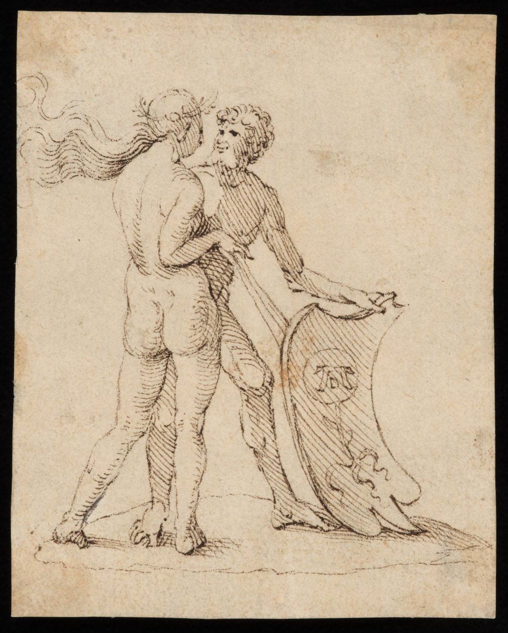 Naked woman and man with the shield featuring the coat of arms of Willibald Pirckheimer by Albrecht Dürer