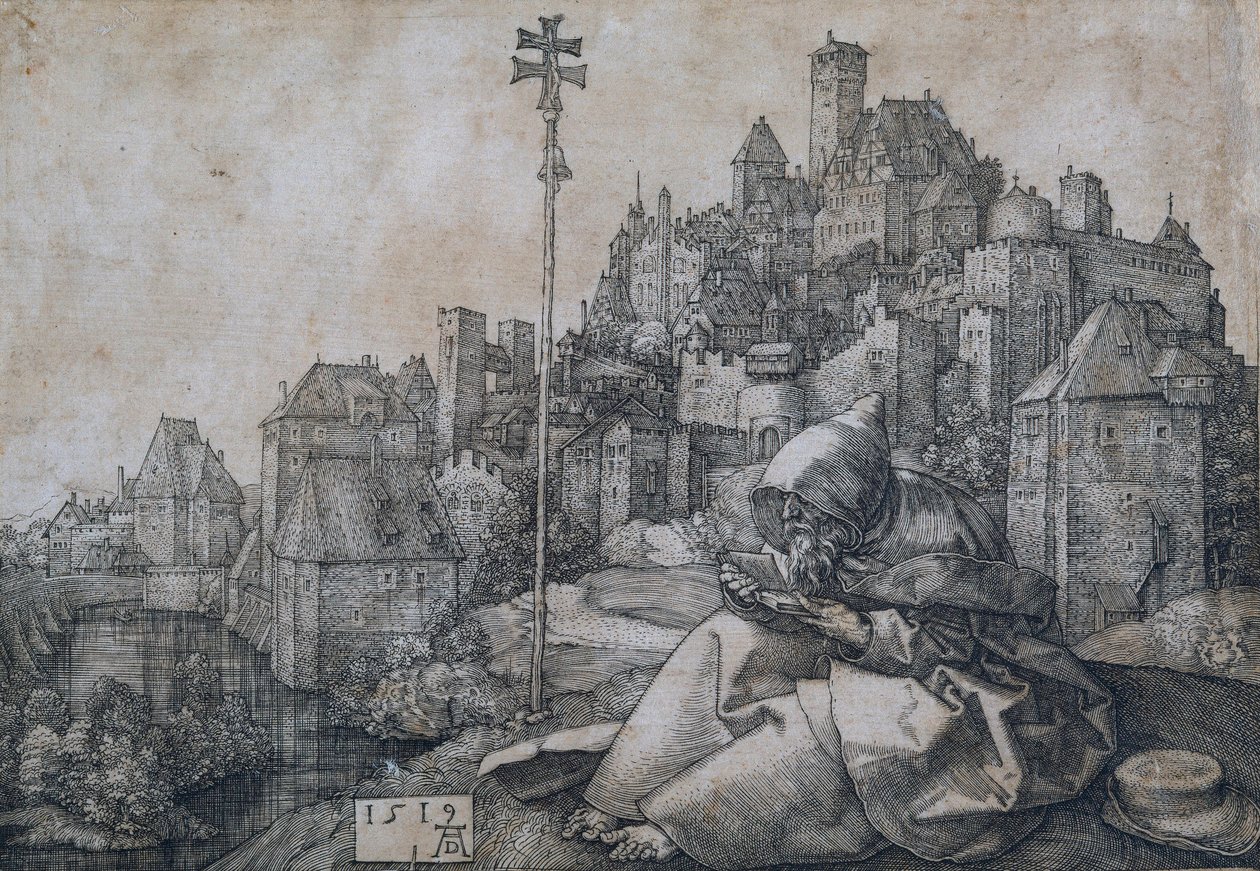 Saint Anthony Sitting in Front of a City by Albrecht Dürer