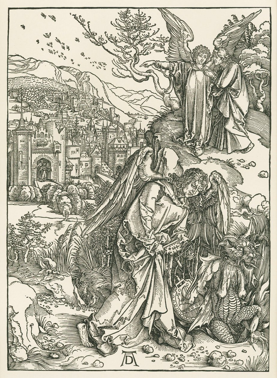 The Angel with the Key hurling the Dragon into the Abyss and another Angel showing Saint John the New Jerusalem by Albrecht Dürer or Duerer