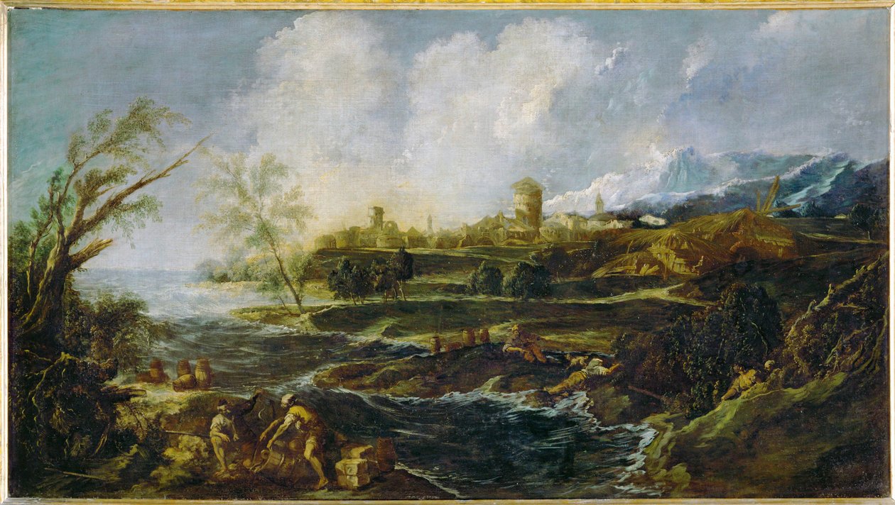 Landscape with a Man and Casket on the Riverbank by Alessandro (style of) Magnasco