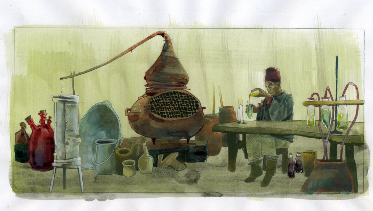 Alchemist in his laboratory with jars and still by Alessandro Lonati