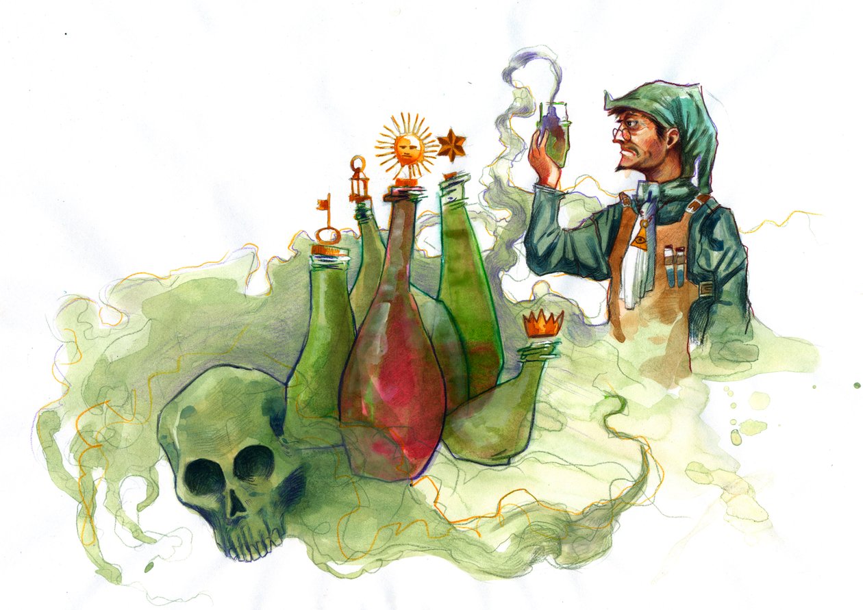 Alchemist in His Laboratory Surrounded by Vials and Stills by Alessandro Lonati