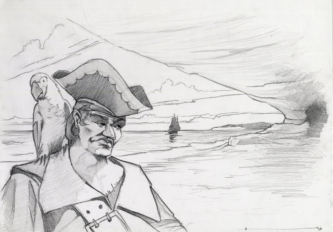Caribbean Pirate with Parrot Looking for Treasure in a Cave on a Beach, with Galleon by Alessandro Lonati