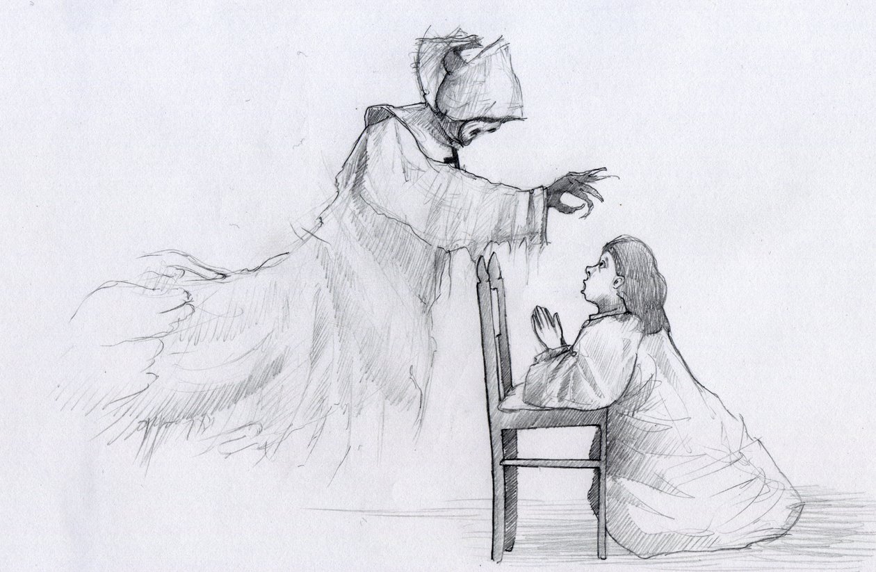 Ghost of an Elderly Nun with Crooked Hands Appears to a Little Girl Praying by Alessandro Lonati