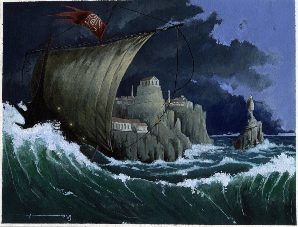 Illustration of the myth of the island disappeared under the Atlantis Sea: view of the Greek city of the legendary island before its disappearance by Alessandro Lonati