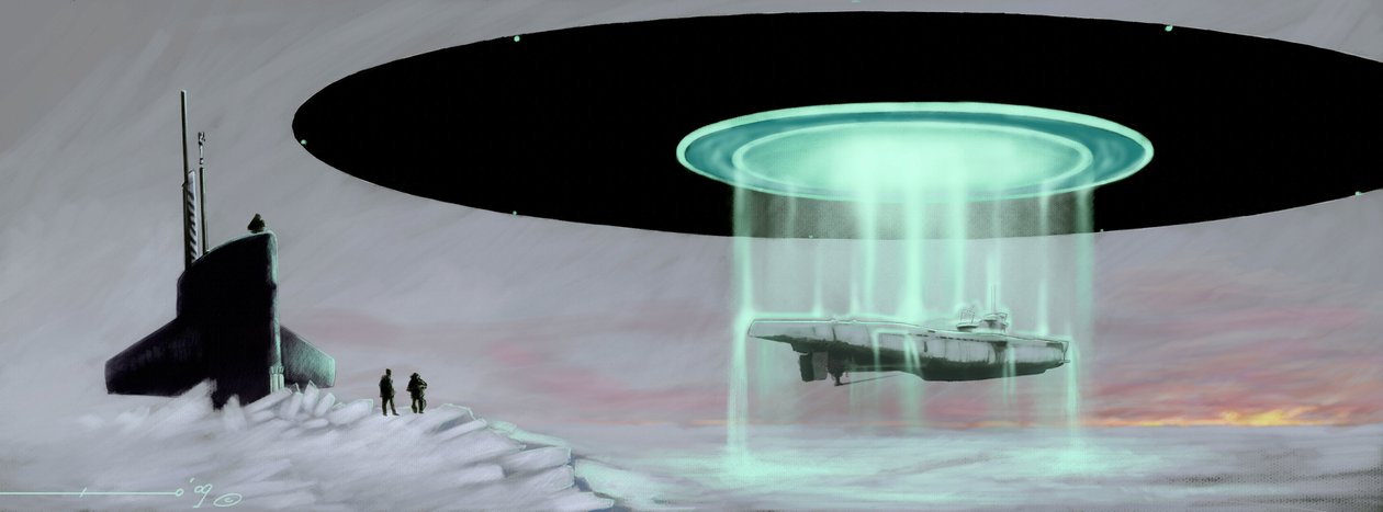 Meeting at the North Pole between a U-boat submarine and a flying saucer by Alessandro Lonati