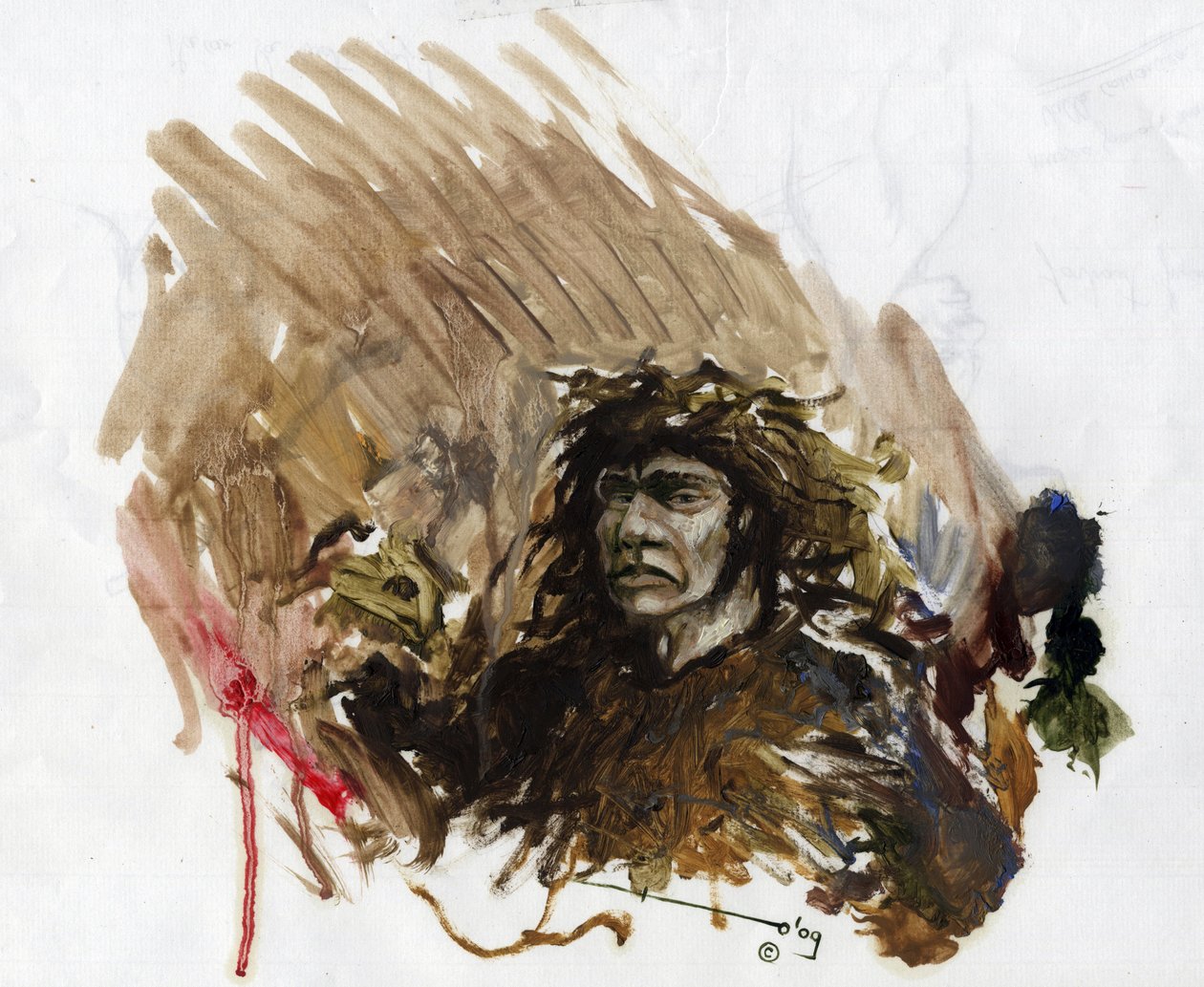 Prehistory: representation of a Neanderthal man in the Middle Paleolithic by Alessandro Lonati