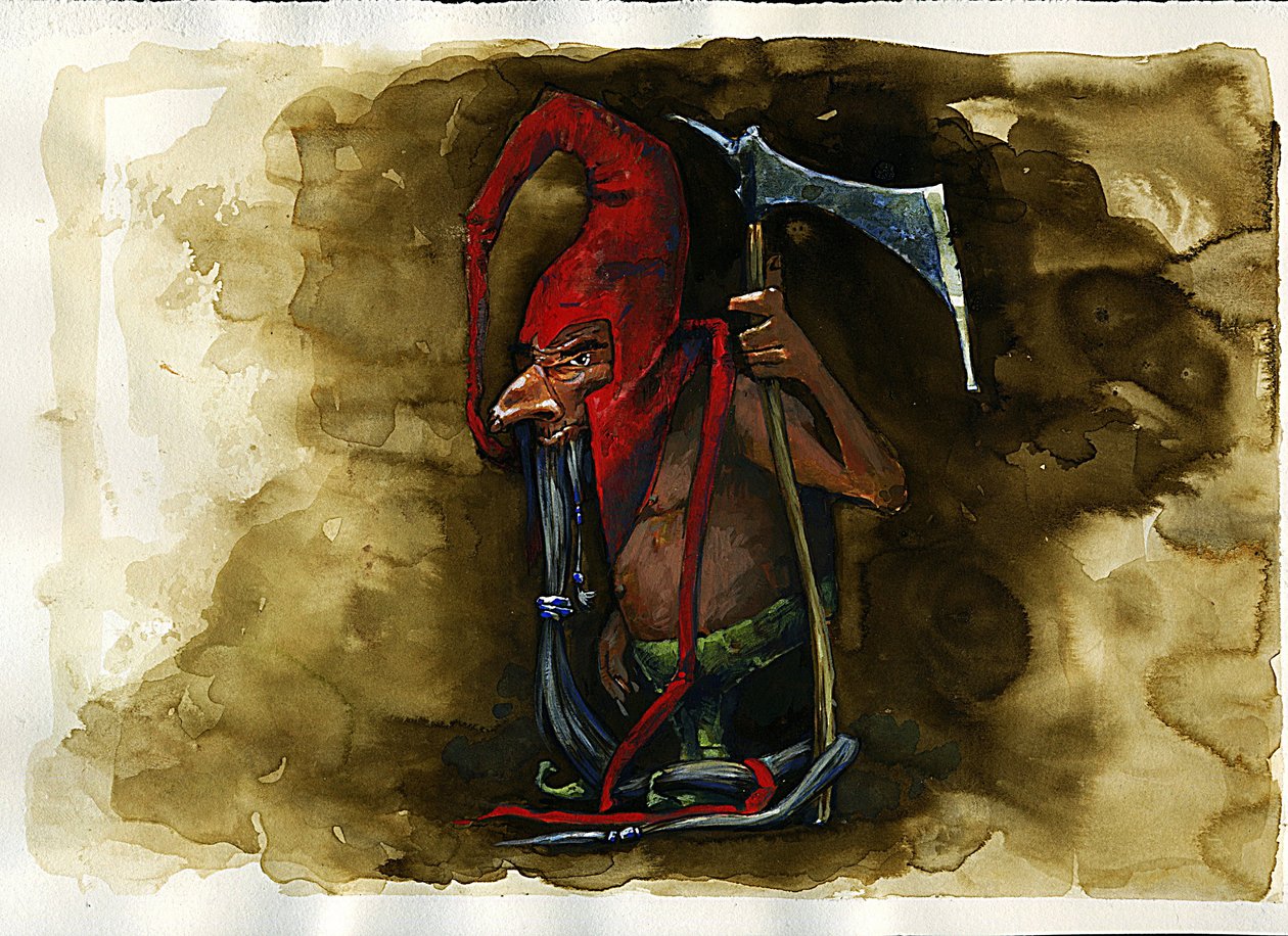 Representation of a Red Cap, legendary malevolent creature of the Goblin family from British folklore by Alessandro Lonati