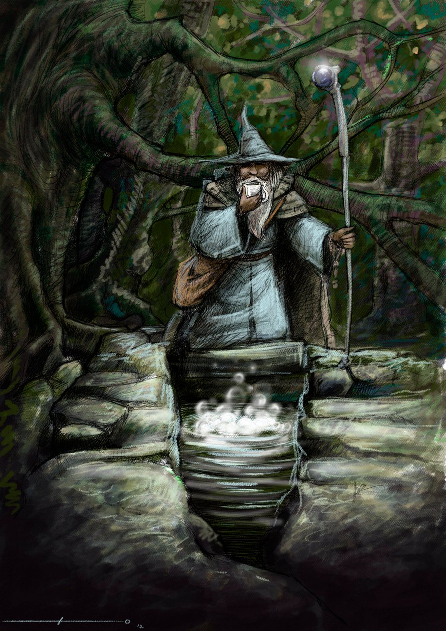 Representation of a druid drinking at the wonderful fountain of Barenton, in the forest of Broceliande by Alessandro Lonati