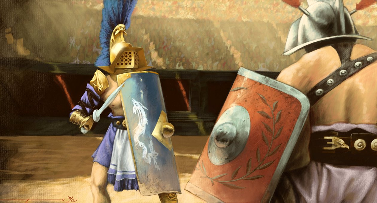 Roman art: duel of gladiators between a mirmillo gladiator (left) and a thrace in an amphitheatre by Alessandro Lonati