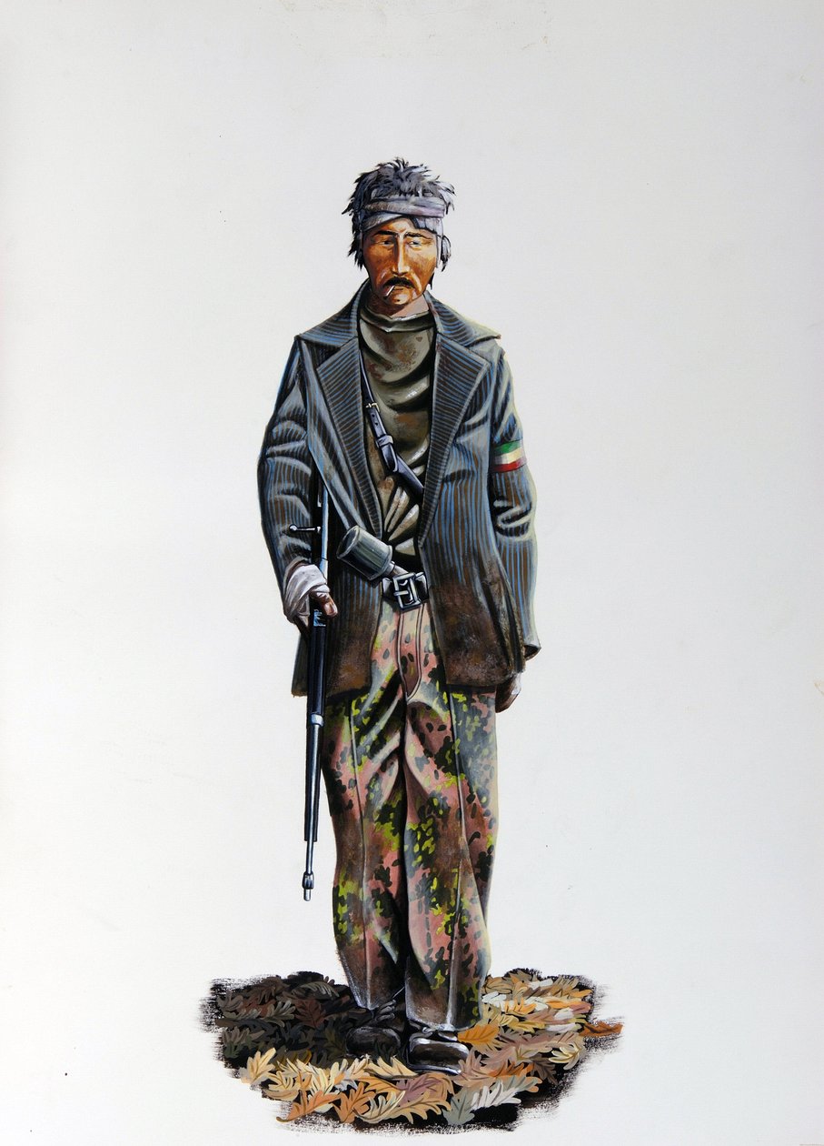 Second World War: A Member of the Italian Resistance, Wearing a Camouflage Suit and Weapon with a Machine Gun by Alessandro Lonati