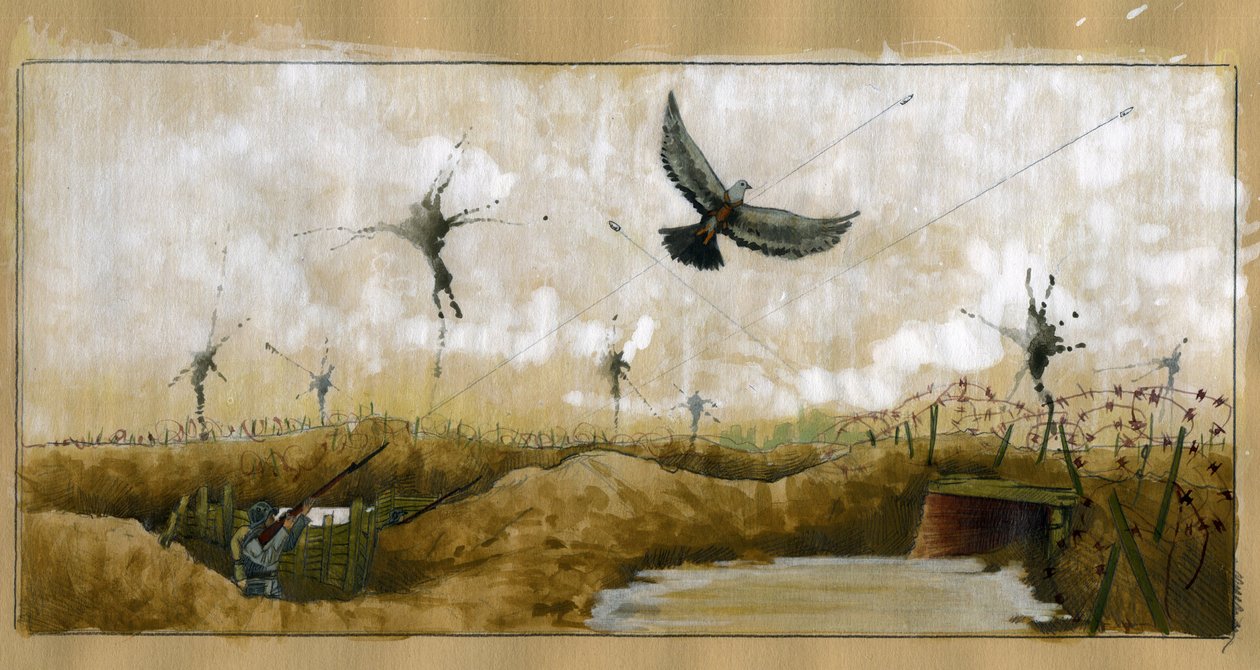WWI: a German soldier shooting at a homing pigeon carrying a message by Alessandro Lonati