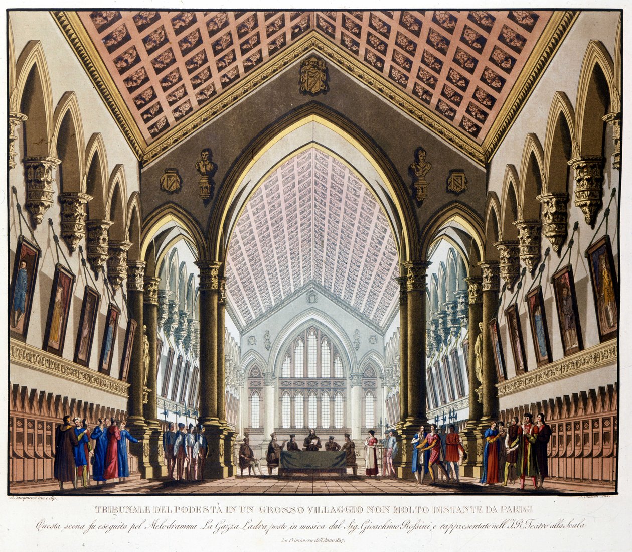 Scenography of Sanquirico for the opera “La gazza ladra” by Gioacchino Rossini represented at the Teatro alla Scala in Milan in 1817: the Tribunal du Podestat near Paris by Alessandro Sanquirico