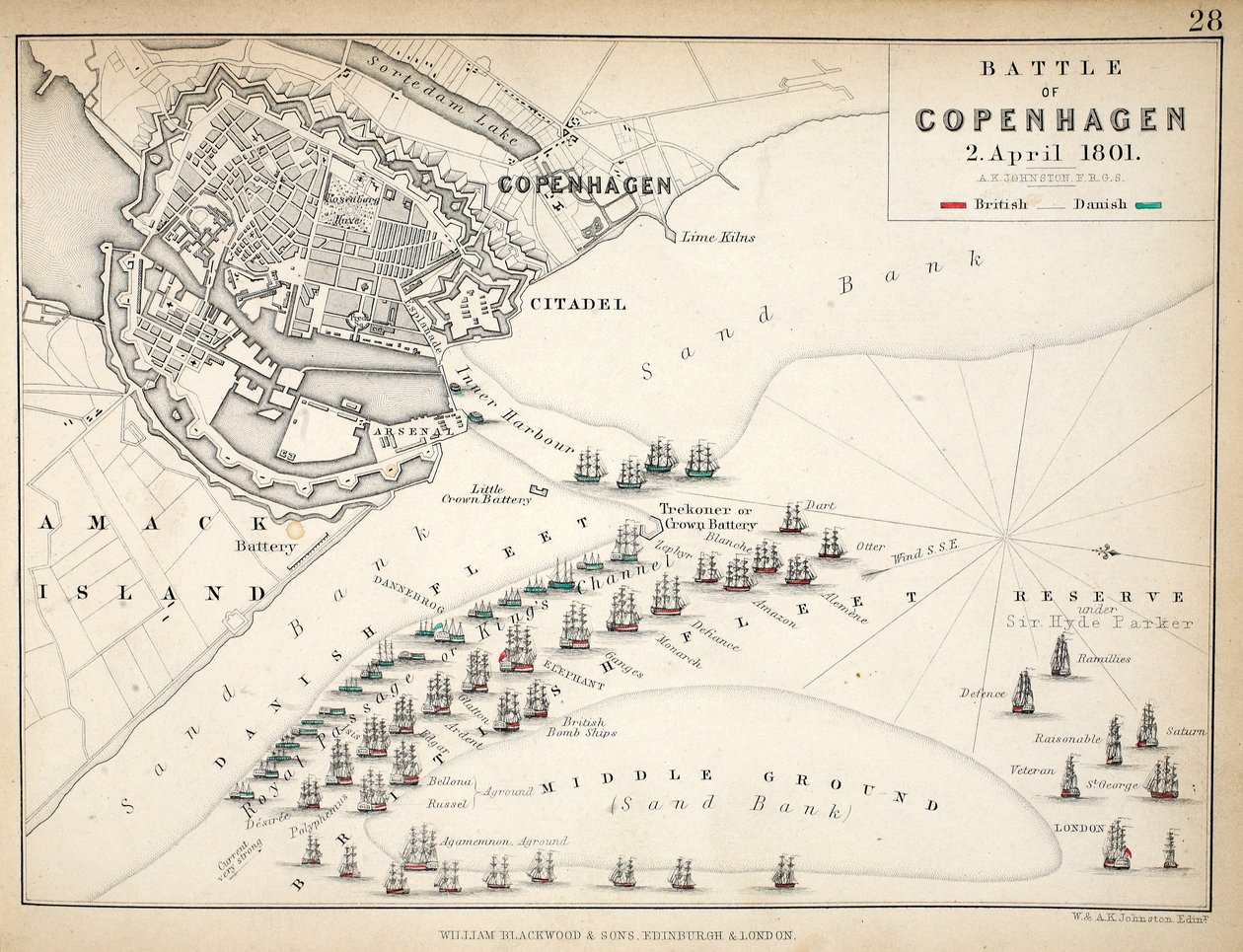 Map of the Battle of Copenhagen, published by William Blackwood and Sons, Edinburgh and London, 1848 by Alexander Keith Johnston