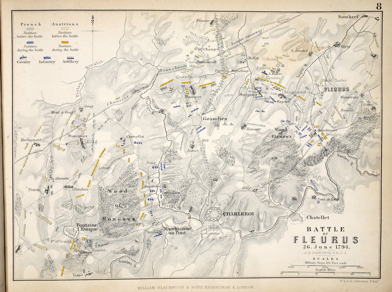 Map of the Battle of Fleurus, published by William Blackwood and Sons, Edinburgh and London by Alexander Keith Johnston