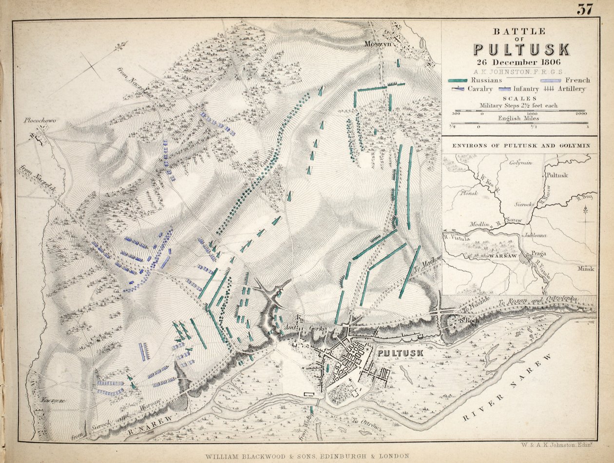 Map of the Battle of Pultusk, Published by William Blackwood and Sons, Edinburgh and London by Alexander Keith Johnston