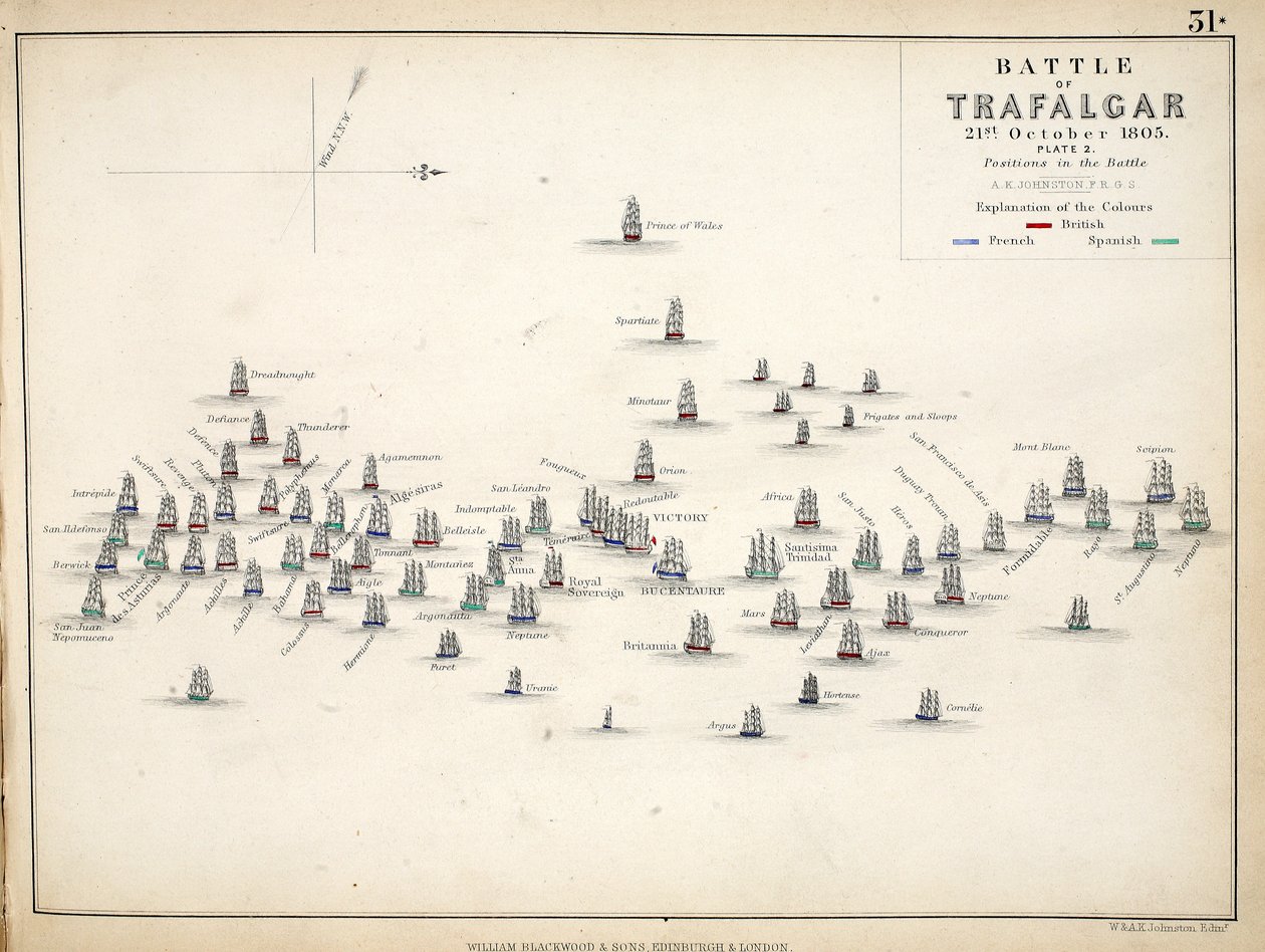 Map of the Battle of Trafalgar, published by William Blackwood and Sons, Edinburgh and London, 1848 by Alexander Keith Johnston