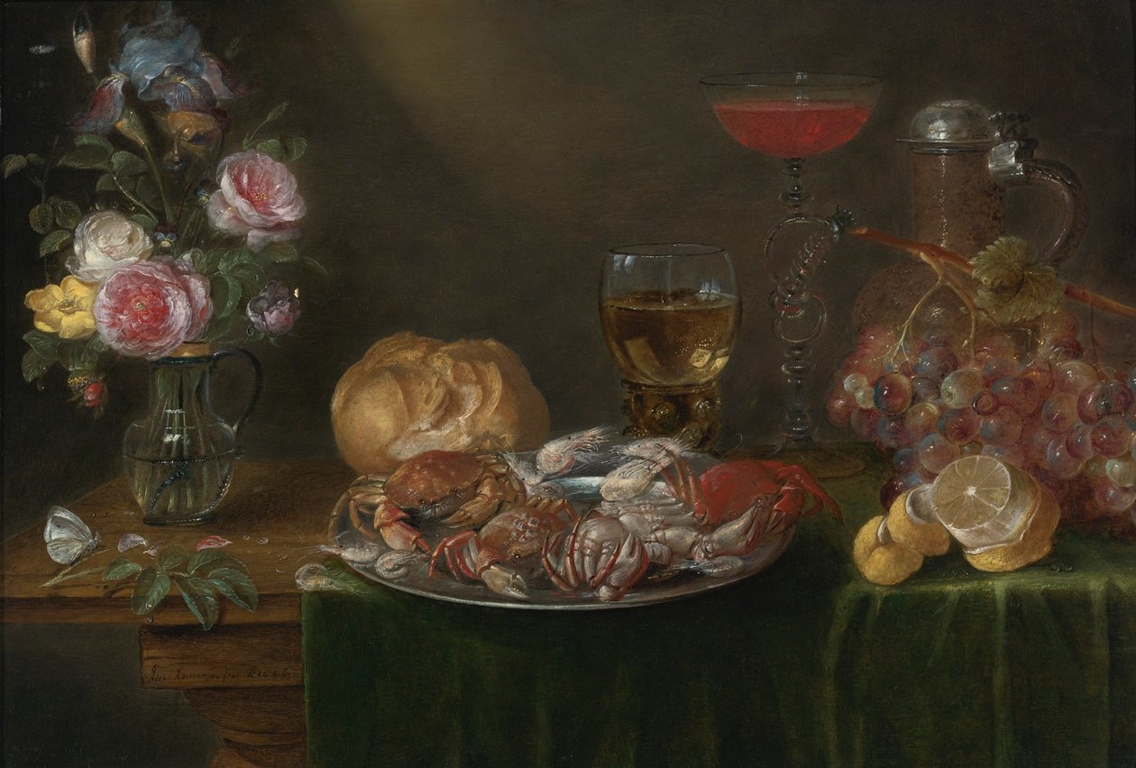 Still Life with a Vase with Flowers, a Pewter Plate with Crabs and Shrimp, Wine Glasses, a Pitcher, Grapes and a Lemon by Alexander Adriaenssen