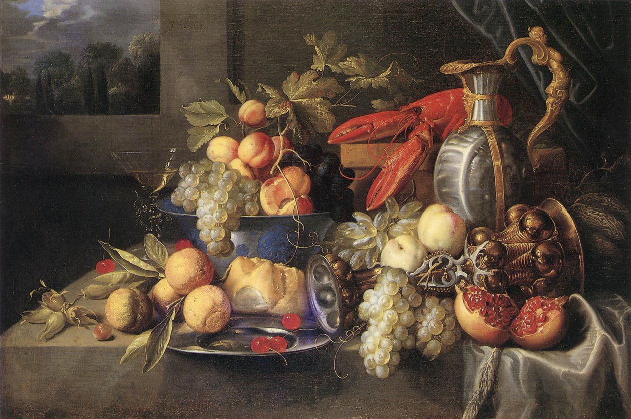Fruit Still Life with Lobster, Bread, Gilded Columbine Goblet, Dutch Faience Jug, Pewter Plate, and Venetian Winged Glass by Alexander Coosemans