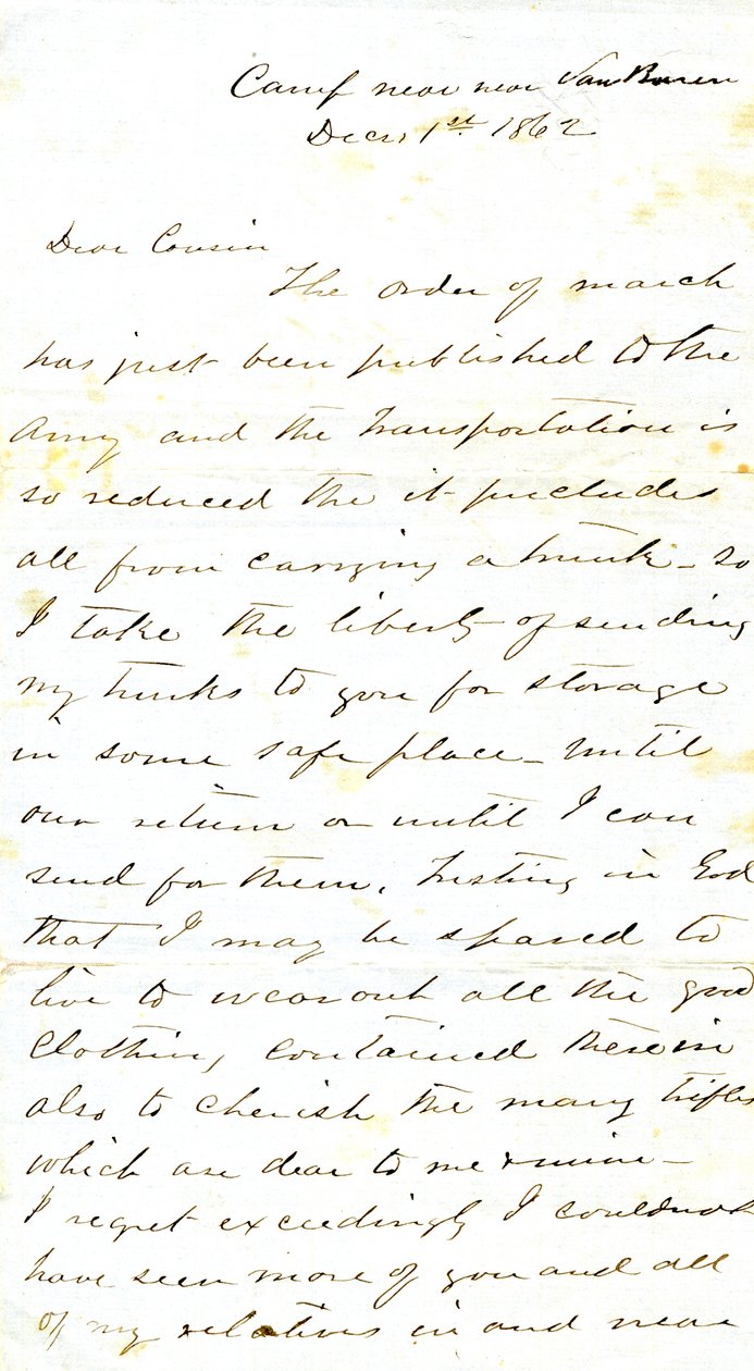 Letter signed A.E. Steen, camp near Van Buren, to his cousin Mrs. Mary Walker, Van Buren, Ark., December 1, 1862 by Alexander Early Steen
