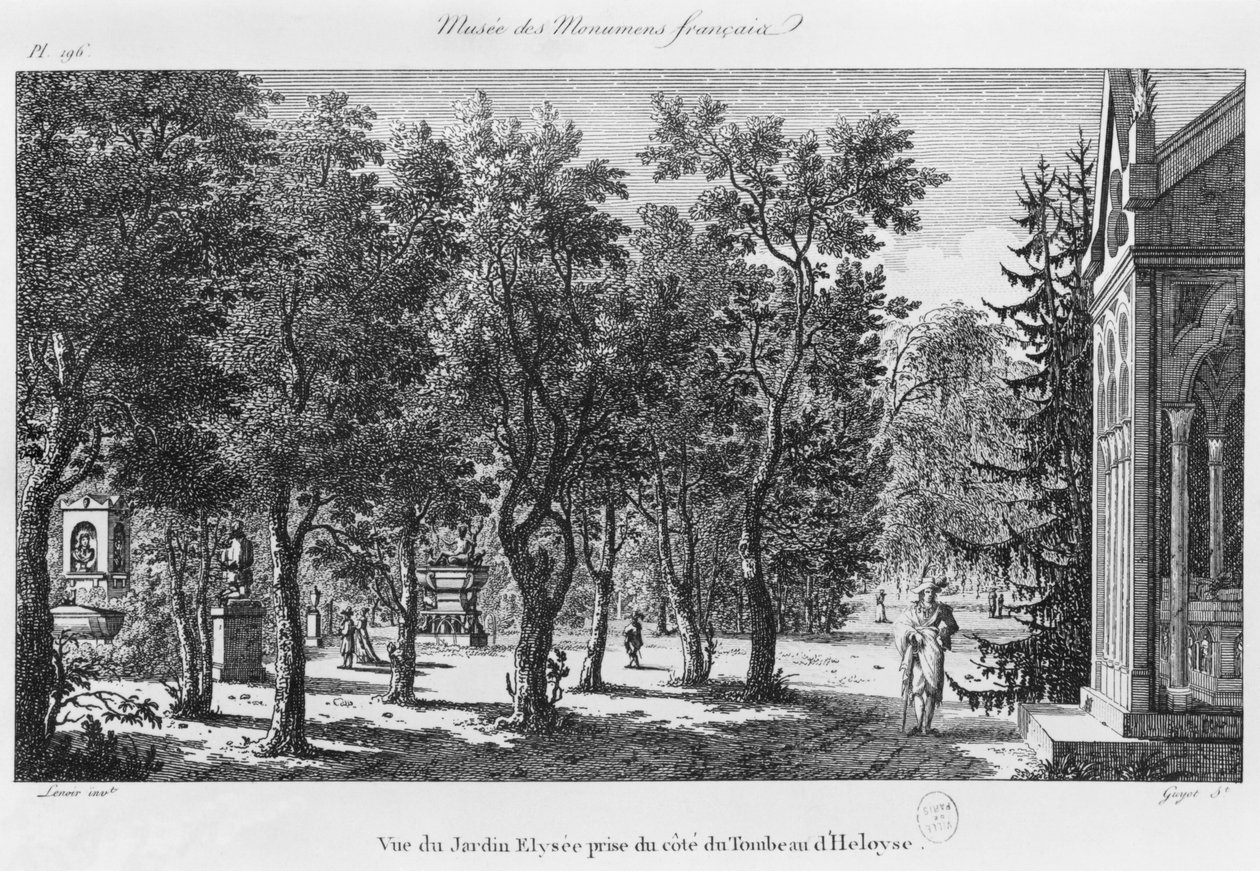 Musee des Monuments Francais, Paris, view of the Jardin Elysee from the tomb of Heloise and Abelard, engraved by Laurent Guyot by Alexandre Marie Lenoir