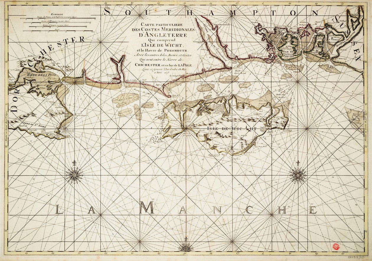 Chart of the English Coast, Isle of Wight and Portsmouth Harbour by Alexis Hubert Jaillot