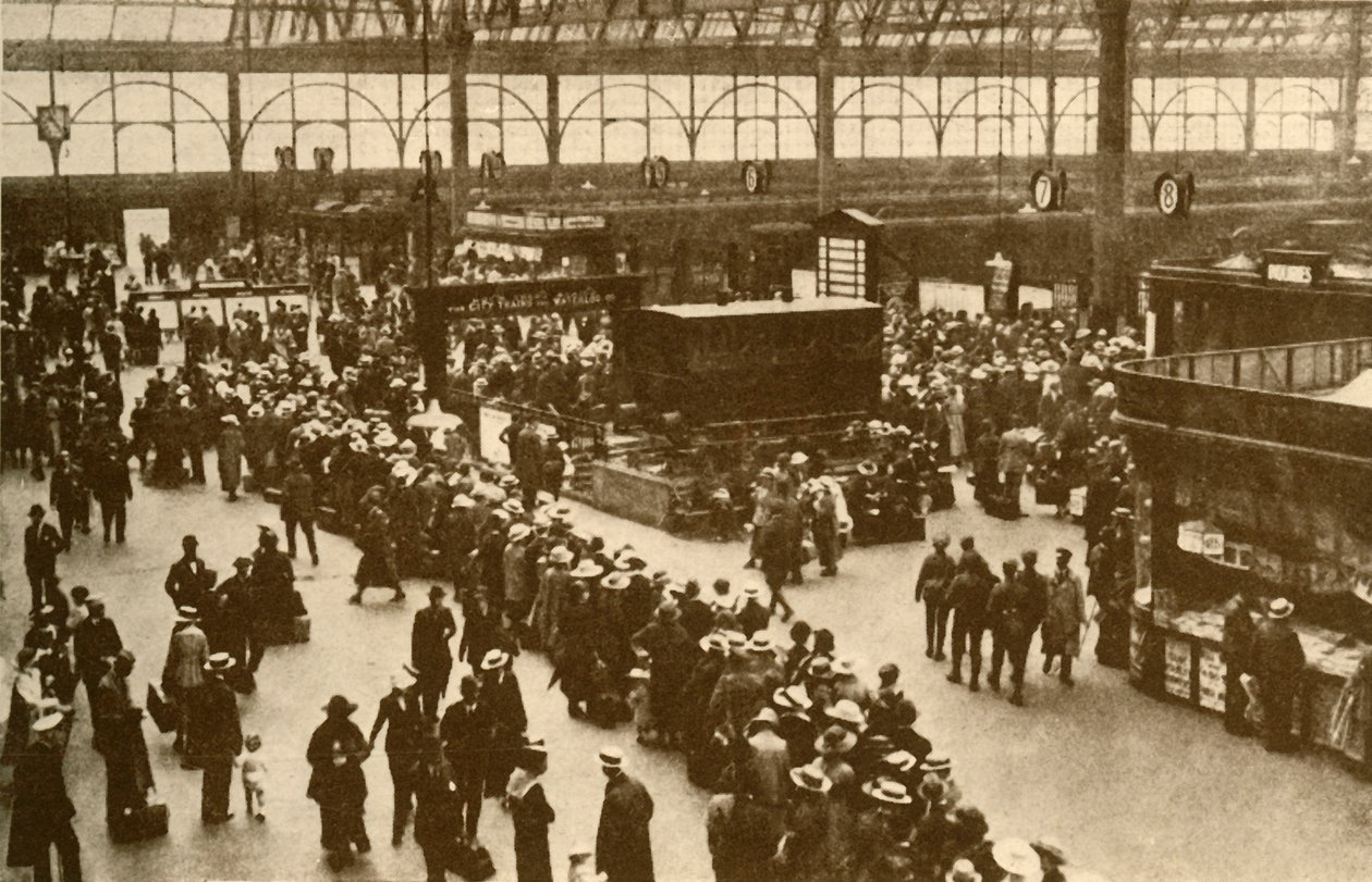 A Queue of Holiday-Makers Waiting for Trains at Waterloo Station, London by Alfieri