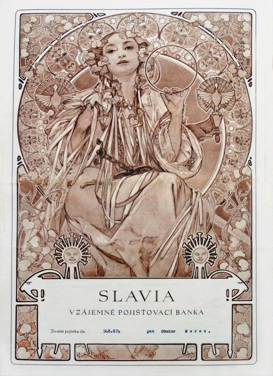 Insurance policy of Slavia Insurance Company, 1942 by Alfons Marie Mucha