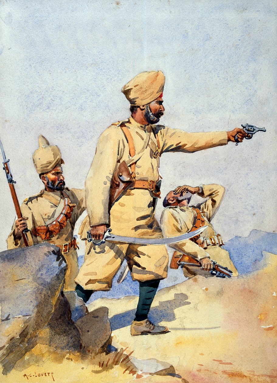 Soldiers of the 24th Punjabis Malikdin Khel (Afridi) and Subadar, Jay Sikh, illustration for 