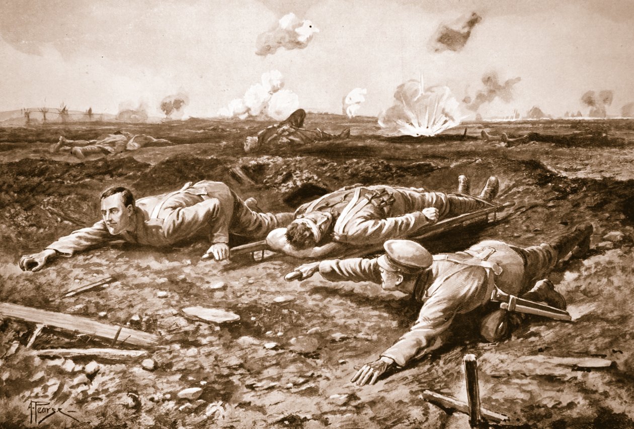 Corporal Brown and Lance-Corporal Dobson Dragging a Wounded Man Across the Open to the British Lines Under Fire by Alfred Pearse