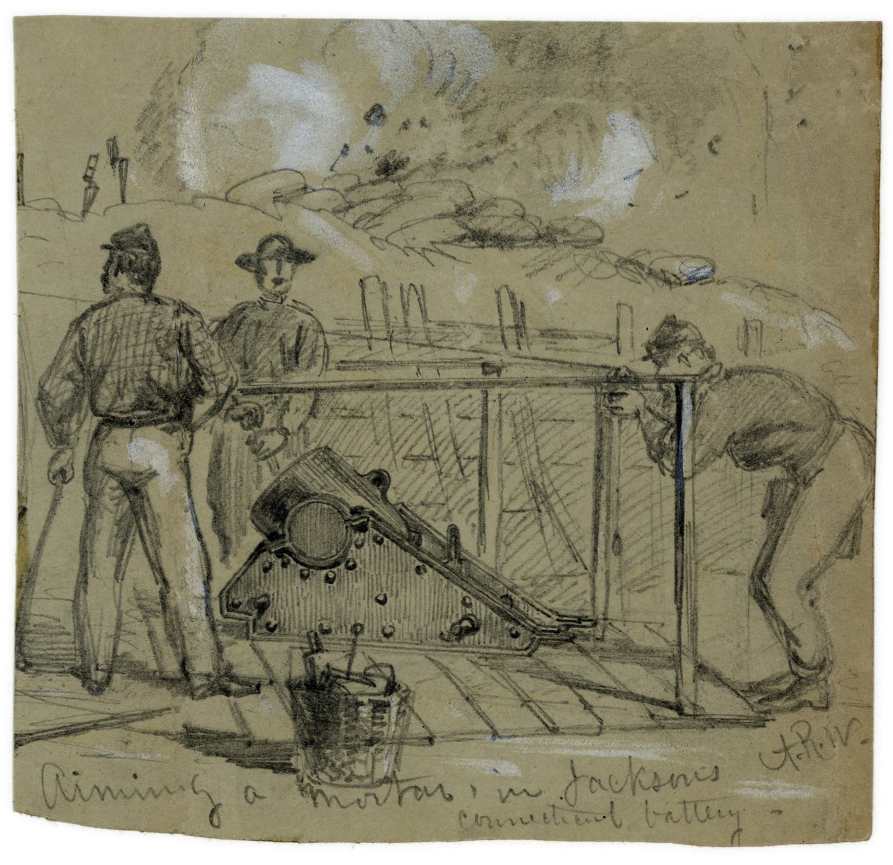 Aiming an 8-inch Union siege mortar in the trenches outside Petersburg, Virginia, as sketched by Alfred R. Waud by Alfred Rudolph Waud