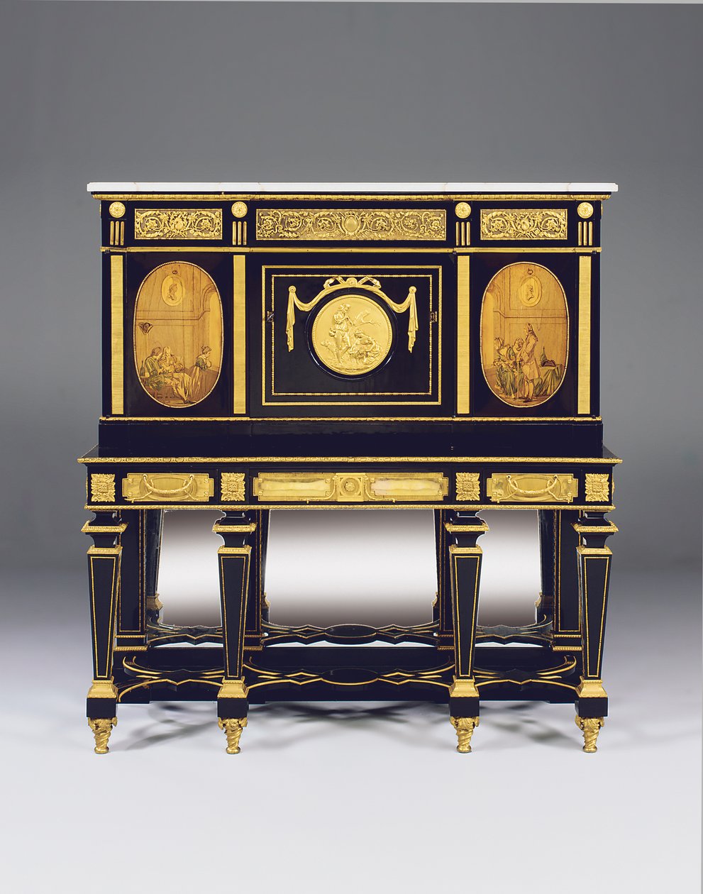 Cabinet-on-stand, incorporating marquetry panels and constructional elements from a commode by David Roentgen, the frieze mounts attributed to Francois Redmond by Alfred Emmanuel Louis Beurdeley