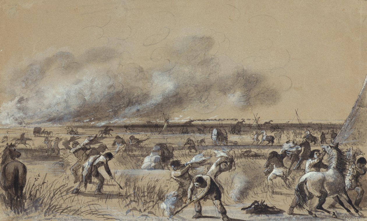 Fire on the Prairie, Setting Fire to the Camp, c.1837 by Alfred Jacob Miller