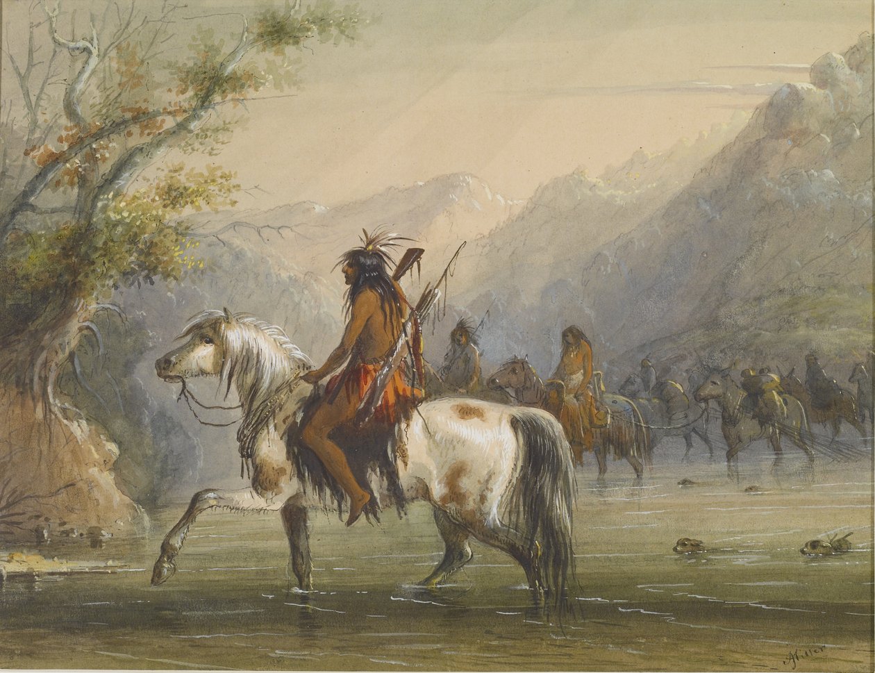 Shoshone Indians - Fording a River by Alfred Jacob Miller