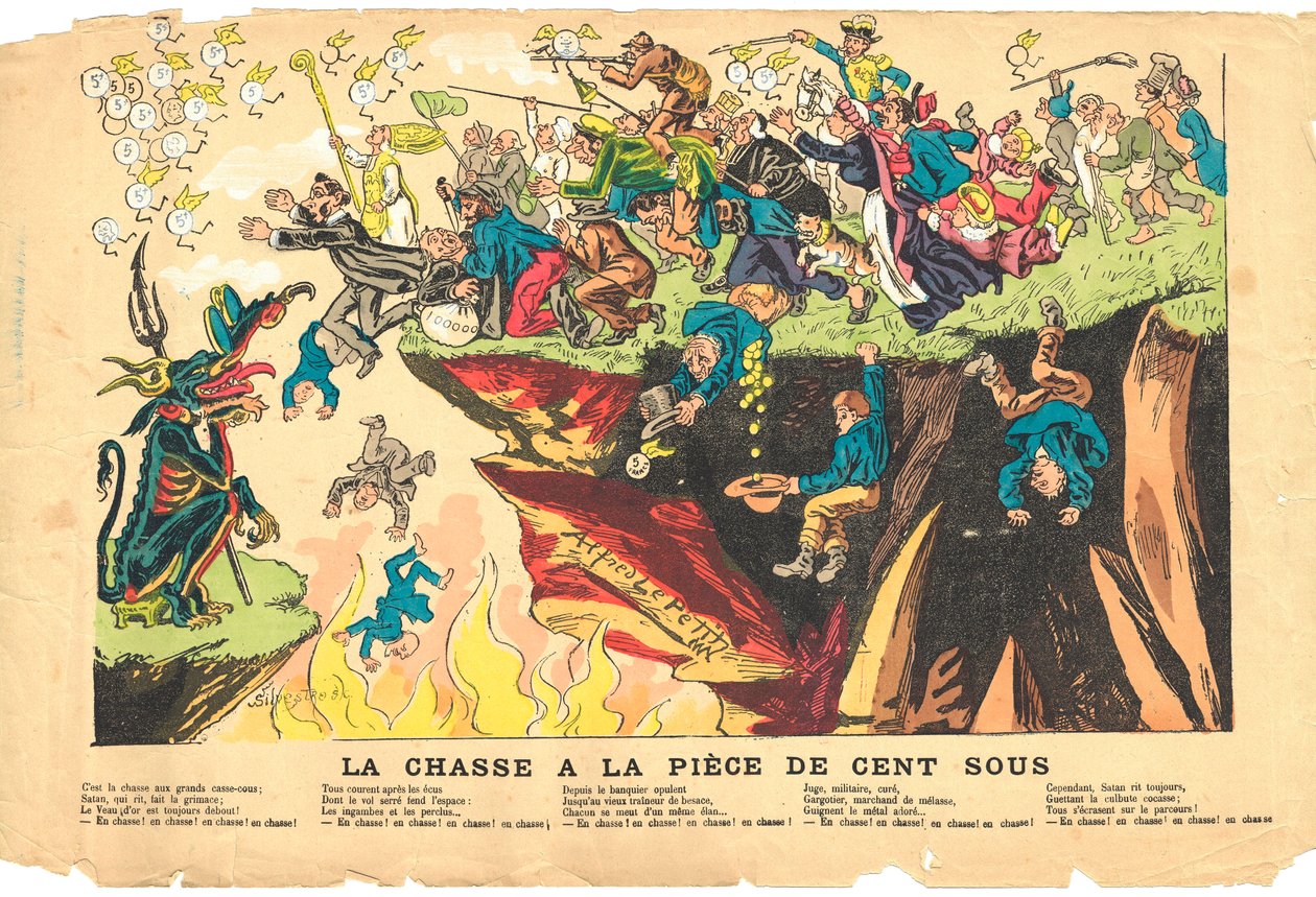 Flying Leaf, Satirical in Colors, circa 1878: Hunting a Hundred Sub Piece - Silver - Devil, Cures Illustration by Alfred Le Pete by Alfred Le Petit