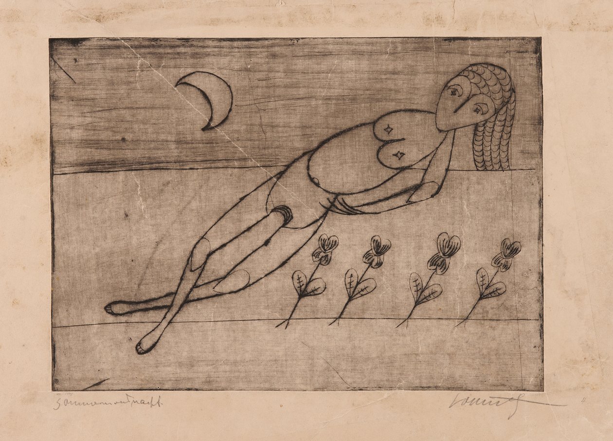 Crescent Moon, Flowers and Female Nude by Alfred Lomnitz