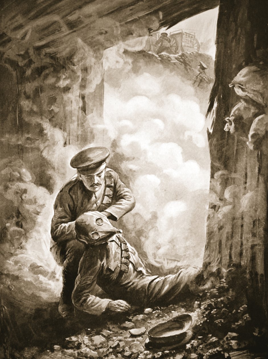 Acting-Sergeant Raynes putting his smoke-helmet on Sergeant Ayres following the explosion of a gas-shell by Alfred Pearse