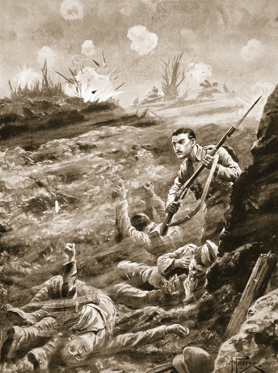 Private E. Warner holding singlehanded a trench which had been evacuated following a gas attack by Alfred Pearse