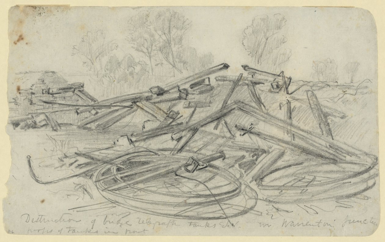 Destruction of Bridge, Telegraph Tanks, Etc. in Warrenton Junction by Alfred Rudolph Waud