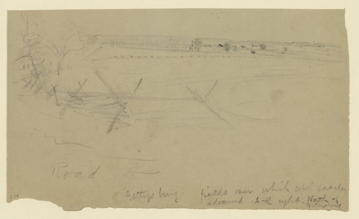 Gettysburg - fields over which rebel cavalry advanced to the right, north of Gettysburg by Alfred Rudolph Waud
